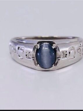 Men's 10k White Gold Moonstone 'DAD' Ring with Side Diamonds